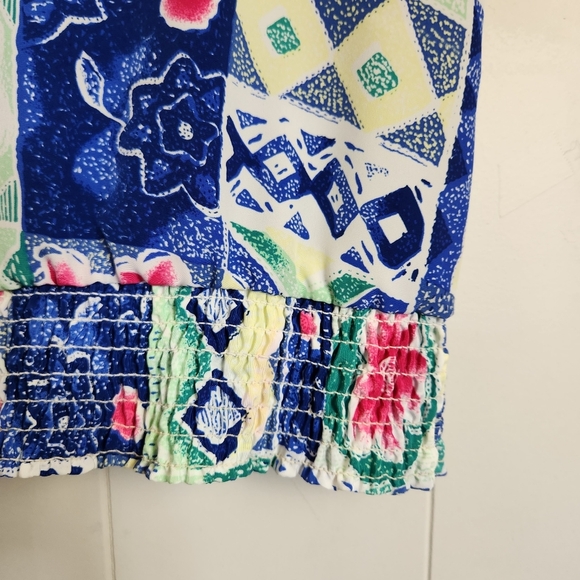 Vintage 1980s Blue Short Sleeve Bright Abstract Blouse Top 80s Office Preppy 90s - Picture 4 of 10